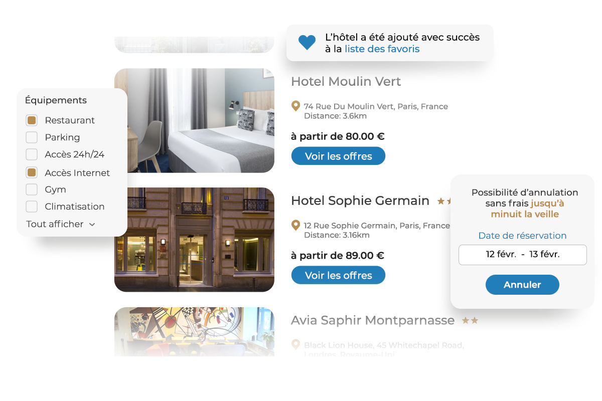 Hotel booking interface on Teldar Travel, displaying a list of hotels with filterable prices and amenities. A notification confirms the addition of a hotel to favorites, and a pop-up window shows a flexible cancellation policy.